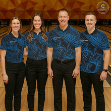 Load image into Gallery viewer, Custom Black And Blue Tribal Flame Bowling Ball Bowling Team Shirts, Polynesian Bowling Tournament Shirt IPHW10487