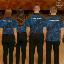 Load image into Gallery viewer, Custom Black And Blue Tribal Flame Bowling Ball Bowling Team Shirts, Polynesian Bowling Tournament Shirt IPHW10487