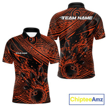 Load image into Gallery viewer, Custom Black And Orange Tribal Flame Bowling Ball Bowling Team Shirts, Polynesian Bowling Tournament Shirt IPHW10488