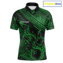 Load image into Gallery viewer, Custom Black And Green Tribal Flame Bowling Ball Bowling Team Shirts, Polynesian Bowling Tournament Shirt IPHW10490