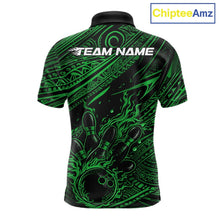 Load image into Gallery viewer, Custom Black And Green Tribal Flame Bowling Ball Bowling Team Shirts, Polynesian Bowling Tournament Shirt IPHW10490