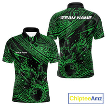 Load image into Gallery viewer, Custom Black And Green Tribal Flame Bowling Ball Bowling Team Shirts, Polynesian Bowling Tournament Shirt IPHW10490