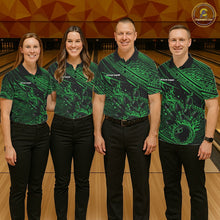 Load image into Gallery viewer, Custom Black And Green Tribal Flame Bowling Ball Bowling Team Shirts, Polynesian Bowling Tournament Shirt IPHW10490