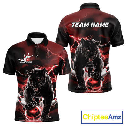 Red Thunder Lightning Custom Panther Men Bowling Polo Shirts, Panther Bowling Jerseys IPHW10790