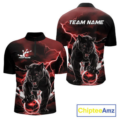 Red Thunder Lightning Custom Panther Men Bowling Quarter-Zip Shirts, Panther Bowling Jerseys IPHW10790