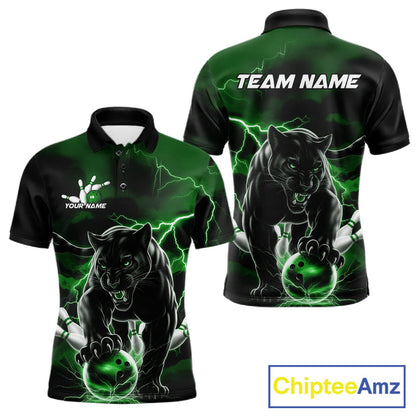 Green Thunder Lightning Custom Panther Men Bowling Polo Shirts, Panther Bowling Jerseys IPHW10793