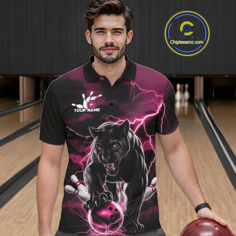 Pink Thunder Lightning Custom Panther Men Bowling Polo Shirts, Panther Bowling Jerseys IPHW10794