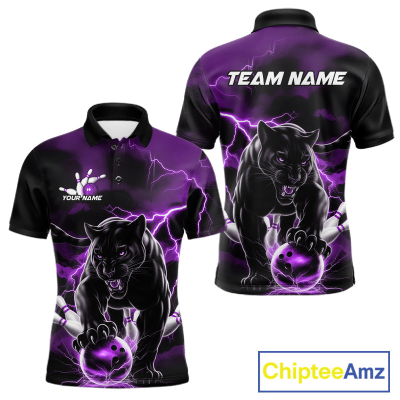 Purple Thunder Lightning Custom Panther Men Bowling Polo Shirts, Panther Bowling Jerseys IPHW10795