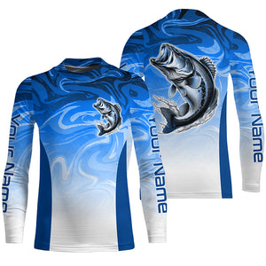 Custom Bass Long Sleeve Tournament Fishing Shirts, Blue Wave Camo Bass Fishing Jerseys IPHW6091