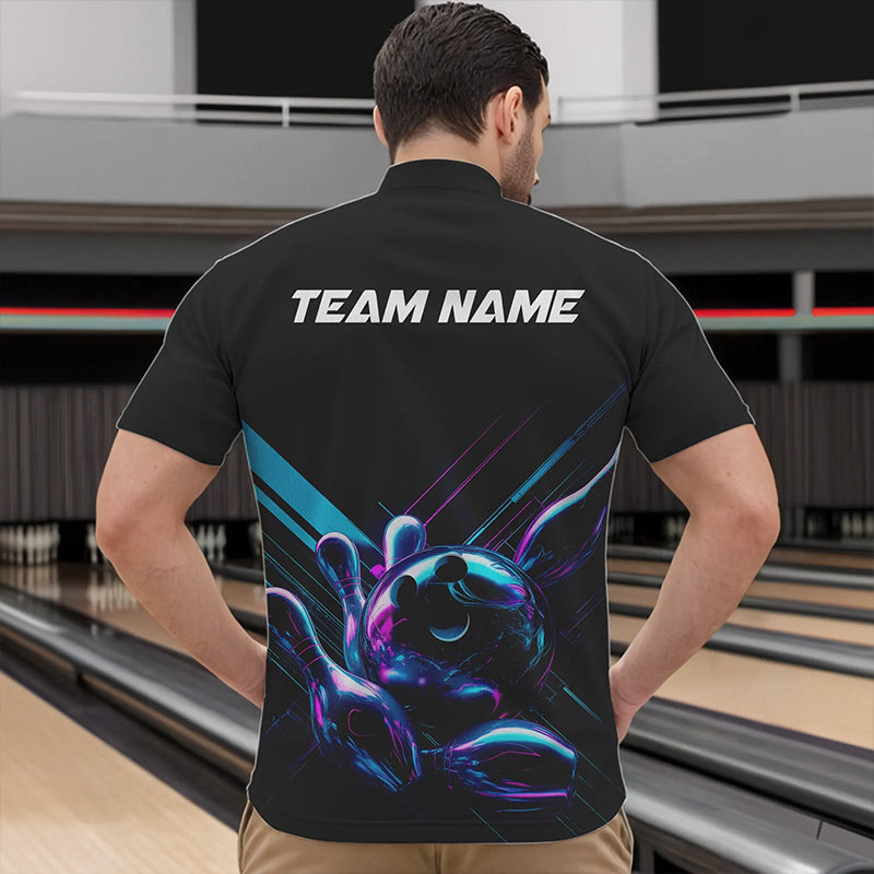 Custom Black, Blue And Purple Holographic Bowling Quarter-Zip Shirts For Men, Bowling Team Uniform IPHW8905