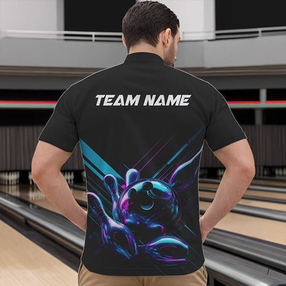 Custom Black, Blue And Purple Holographic Bowling Quarter-Zip Shirts For Men, Bowling Team Uniform IPHW8905
