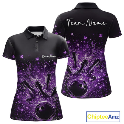 Front and back views of a black and purple womens bowling polo shirt showcasing flaming strike artwork and sparkling butterflies.