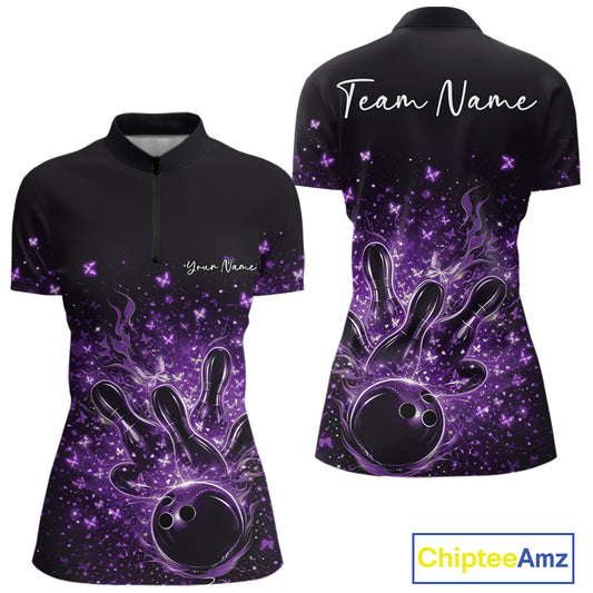 Front and back views of a black and purple womens bowling quarter-zip shirt featuring flames, striking pins, and sparkling butterflies.