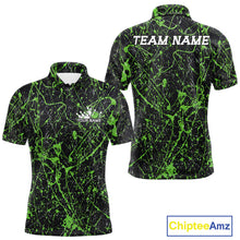 Load image into Gallery viewer, Custom black and avicado green paint splatter polo shirt mockup shown from front and back, featuring personalized â€œYour Nameâ€ text on the chest, large â€œTEAM NAMEâ€ lettering across the back
