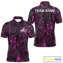 Load image into Gallery viewer, Custom black and pink paint splatter polo shirt mockup shown from front and back, featuring personalized â€œYour Nameâ€ text on the chest, large â€œTEAM NAMEâ€ lettering across the back