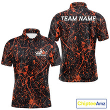 Load image into Gallery viewer, Custom black and orange paint splatter polo shirt mockup shown from front and back, featuring personalized â€œYour Nameâ€ text on the chest, large â€œTEAM NAMEâ€ lettering across the back