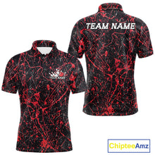 Load image into Gallery viewer, Custom black and red splatter polo shirt mockup shown from front and back, featuring personalized â€œYour Nameâ€ text on the chest, large â€œTEAM NAMEâ€ lettering across the back