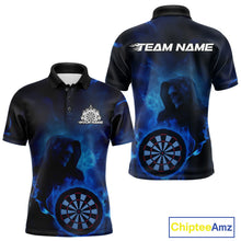 Load image into Gallery viewer, Custom Blue Flame Grim Reaper Skull Dart Men Polo Shirts, Halloween Dart Team Outfits IPHW10023