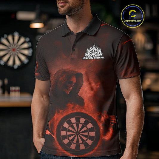 Custom Orange Flame Grim Reaper Skull Dart Men Polo Shirts, Halloween Dart Team Outfits IPHW10024