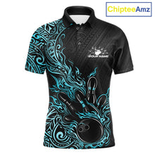 Load image into Gallery viewer, Custom Black And Blue Tribal Flame Bowling Ball Bowling Team Shirts, Polynesian Bowling Tournament Shirt IPHW10502