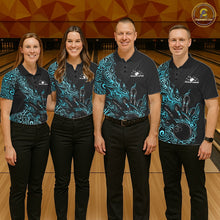 Load image into Gallery viewer, Custom Black And Blue Tribal Flame Bowling Ball Bowling Team Shirts, Polynesian Bowling Tournament Shirt IPHW10502