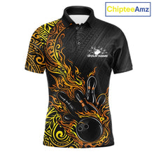 Load image into Gallery viewer, Custom Black And Gold Tribal Flame Bowling Ball Bowling Team Shirts, Polynesian Bowling Tournament Shirt IPHW10503