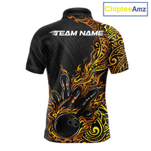 Load image into Gallery viewer, Custom Black And Gold Tribal Flame Bowling Ball Bowling Team Shirts, Polynesian Bowling Tournament Shirt IPHW10503