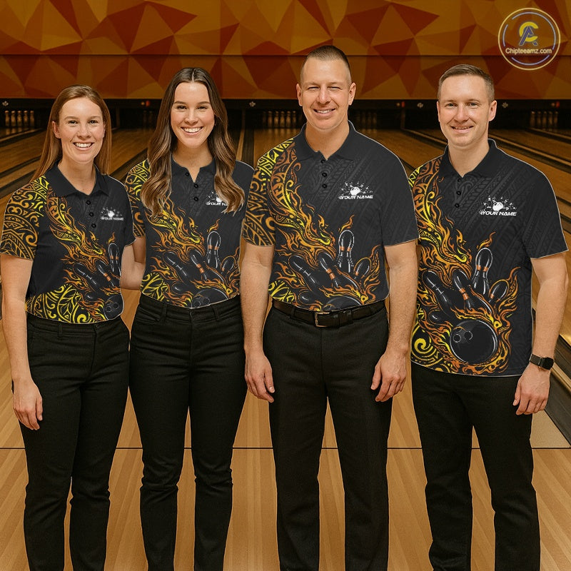 Custom Black And Gold Tribal Flame Bowling Ball Bowling Team Shirts, Polynesian Bowling Tournament Shirt IPHW10503