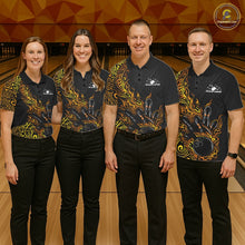 Load image into Gallery viewer, Custom Black And Gold Tribal Flame Bowling Ball Bowling Team Shirts, Polynesian Bowling Tournament Shirt IPHW10503