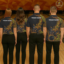 Load image into Gallery viewer, Custom Black And Gold Tribal Flame Bowling Ball Bowling Team Shirts, Polynesian Bowling Tournament Shirt IPHW10503