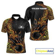 Load image into Gallery viewer, Custom Black And Gold Tribal Flame Bowling Ball Bowling Team Shirts, Polynesian Bowling Tournament Shirt IPHW10503