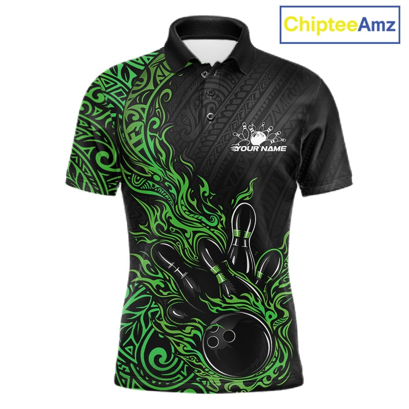 Custom Black And Green Tribal Flame Bowling Ball Bowling Team Shirts, Polynesian Bowling Tournament Shirt IPHW10504