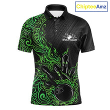 Load image into Gallery viewer, Custom Black And Green Tribal Flame Bowling Ball Bowling Team Shirts, Polynesian Bowling Tournament Shirt IPHW10504