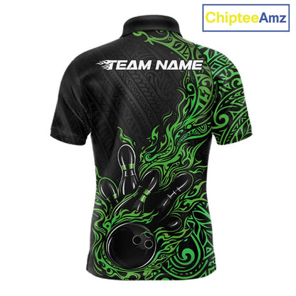 Custom Black And Green Tribal Flame Bowling Ball Bowling Team Shirts, Polynesian Bowling Tournament Shirt IPHW10504