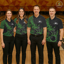 Load image into Gallery viewer, Custom Black And Green Tribal Flame Bowling Ball Bowling Team Shirts, Polynesian Bowling Tournament Shirt IPHW10504