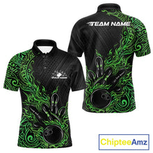 Load image into Gallery viewer, Custom Black And Green Tribal Flame Bowling Ball Bowling Team Shirts, Polynesian Bowling Tournament Shirt IPHW10504