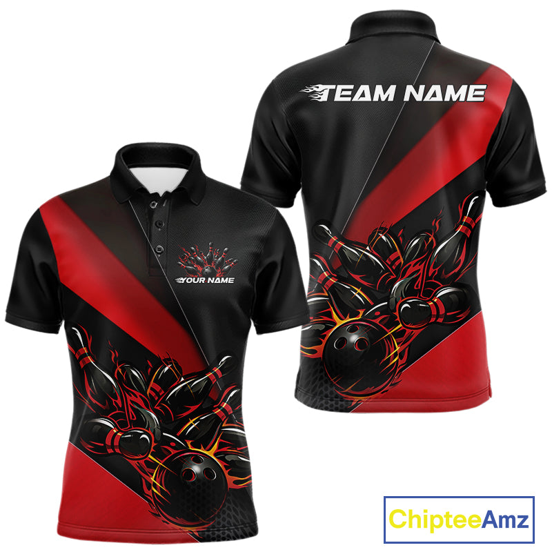 Front and back view mockup of a men’s black and red polo shirt featuring a flame bowling ball striking pins in a bold sports apparel design.