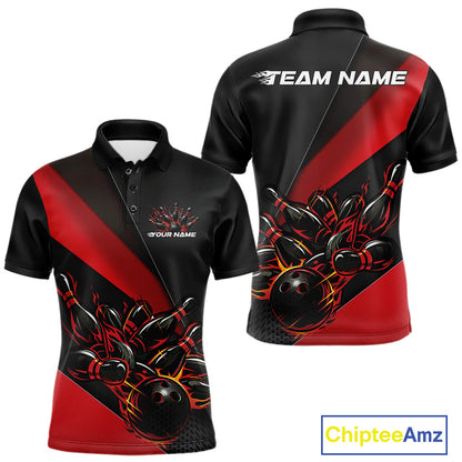 Front and back view mockup of a men’s black and red polo shirt featuring a flame bowling ball striking pins in a bold sports apparel design.