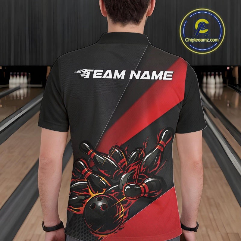 Male model seen from the back in a bowling lane wearing a black and red polo shirt featuring a flame bowling ball striking pins in a dynamic motion design.