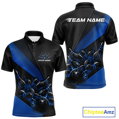 Front and back view mockup of a men’s black and blue polo shirt featuring a flame bowling ball striking pins in a clean, modern sports apparel design.