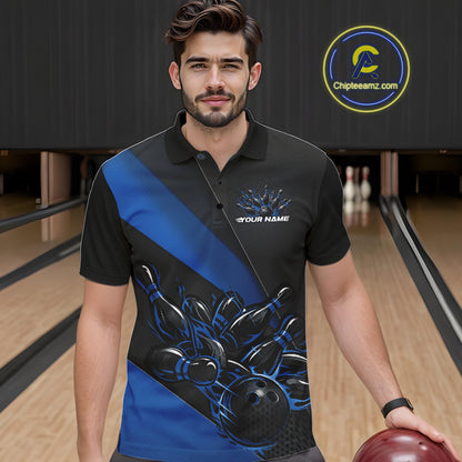 Male model seen from the front in a bowling lane wearing a black and blue polo shirt featuring a flame bowling ball striking pins in a dynamic sports action scene.