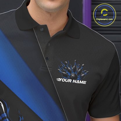 Close-up view of the left chest area of a black and blue bowling polo shirt featuring a flame bowling ball and pins design detail.