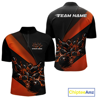 Front and back view mockup of a men’s quarter zip shirt in black and orange with a flame bowling ball knocking down pins, presented as a clean apparel display.
