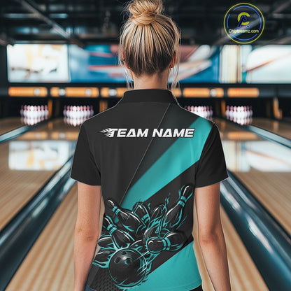 Female model back view in bowling venue wearing black and turquoise blue polo shirt showcasing flame bowling ball striking pins in clean motion design.