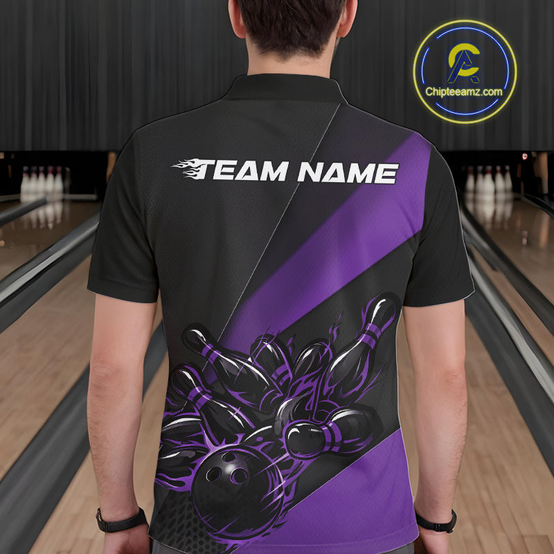 Male model seen from the back in a bowling lane wearing a black and purple polo shirt featuring a flame bowling ball striking pins in a dynamic motion design.