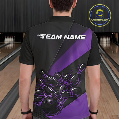 Male model seen from the back in a bowling lane wearing a black and purple polo shirt featuring a flame bowling ball striking pins in a dynamic motion design.