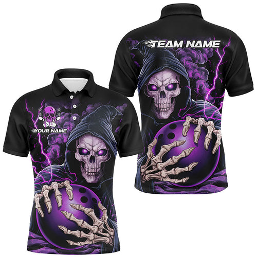 Custom Purple Skull Bowling Polo Shirts For Men, Personalized Halloween Bowling Team Shirts IPHW6799