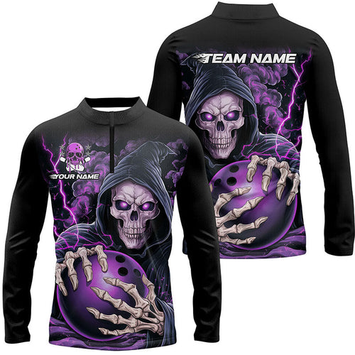 Custom Purple Skull Bowling Long Sleeve Quarter Zip Shirts For Men, Halloween Bowling Team Shirts IPHW6799