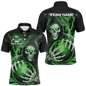 Custom Green Skull Bowling Polo Shirts For Men, Personalized Halloween Bowling Team Shirts IPHW6801