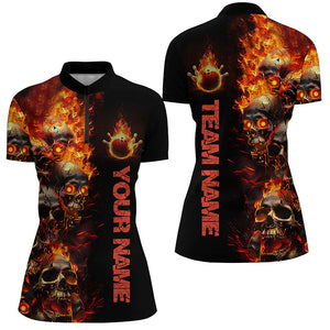 Custom Flame Skull Bowling Shirts For Women, Halloween Bowling Outfits For Bowling Team IPHW7169